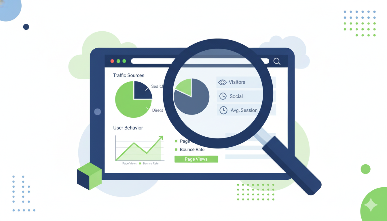 Magnifying glass analyzing a website analytics dashboard for content gaps