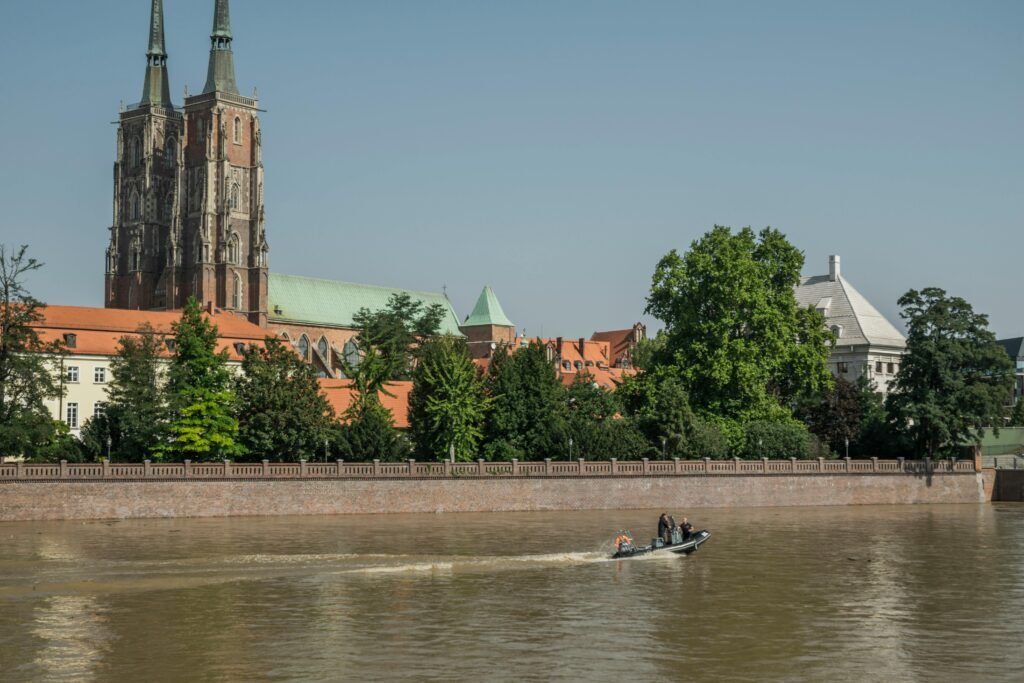 A stunning view of Wroclaw's Cathedral Island (Ostrów Tumski), a beautiful and free attraction for students enjoying a Wroclaw on a Budget experience.