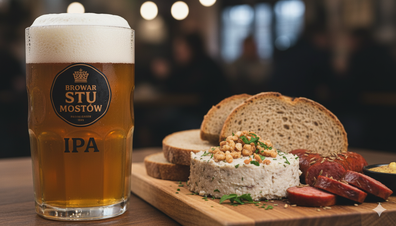 A close-up of a perfectly poured Polish craft beer next to a plate of traditional snacks like smalec and kielbasa.