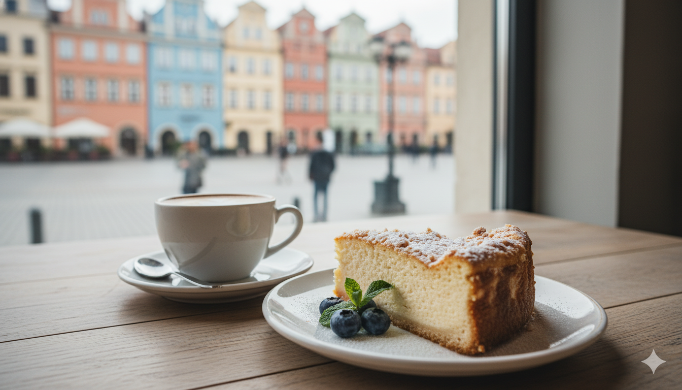 An appealing shot of a slice of sernik (Polish cheesecake) and a cup of expertly made coffee.