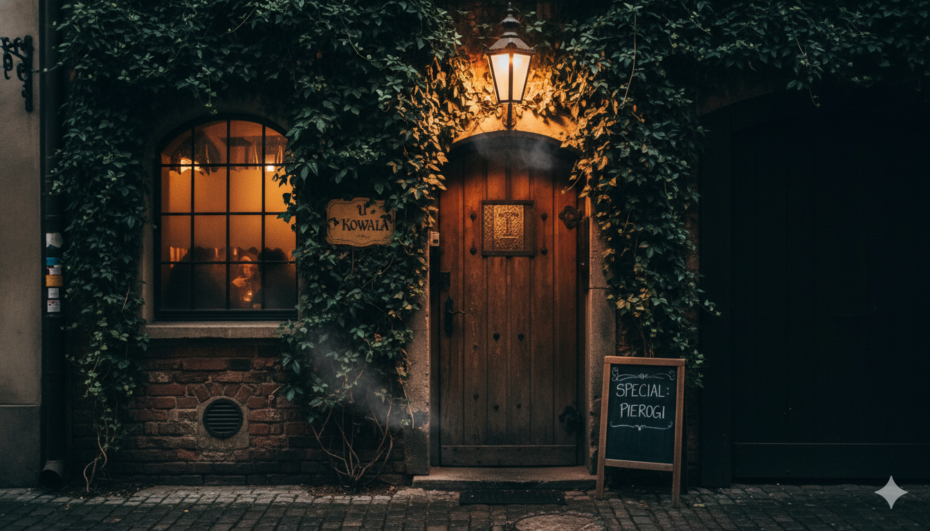 A moody, intriguing shot of a unique, slightly obscured entrance or architectural detail of a "hidden gem" restaurant.