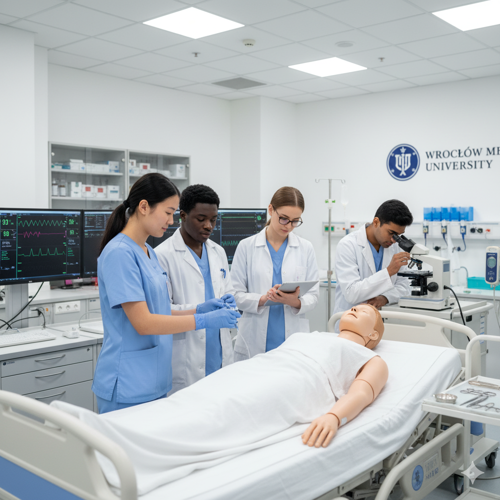 Medical students practicing clinical skills on a simulator in the dedicated English Division at Wrocław Medical University.