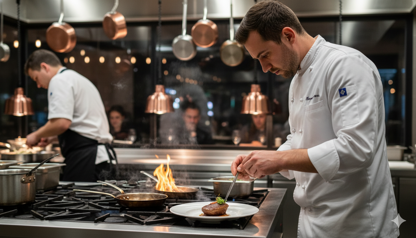 A dynamic, action-focused photograph of a chef working in an open kitchen, emphasizing professionalism.