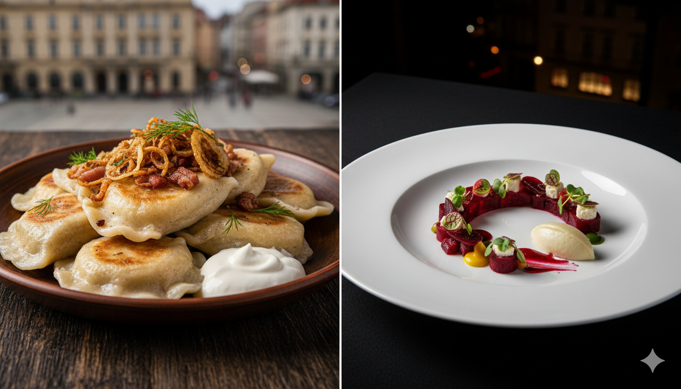 A split image showing simple, rustic pierogi on one side and a dish of highly conceptual Fine Dining Wroclaw on the other.