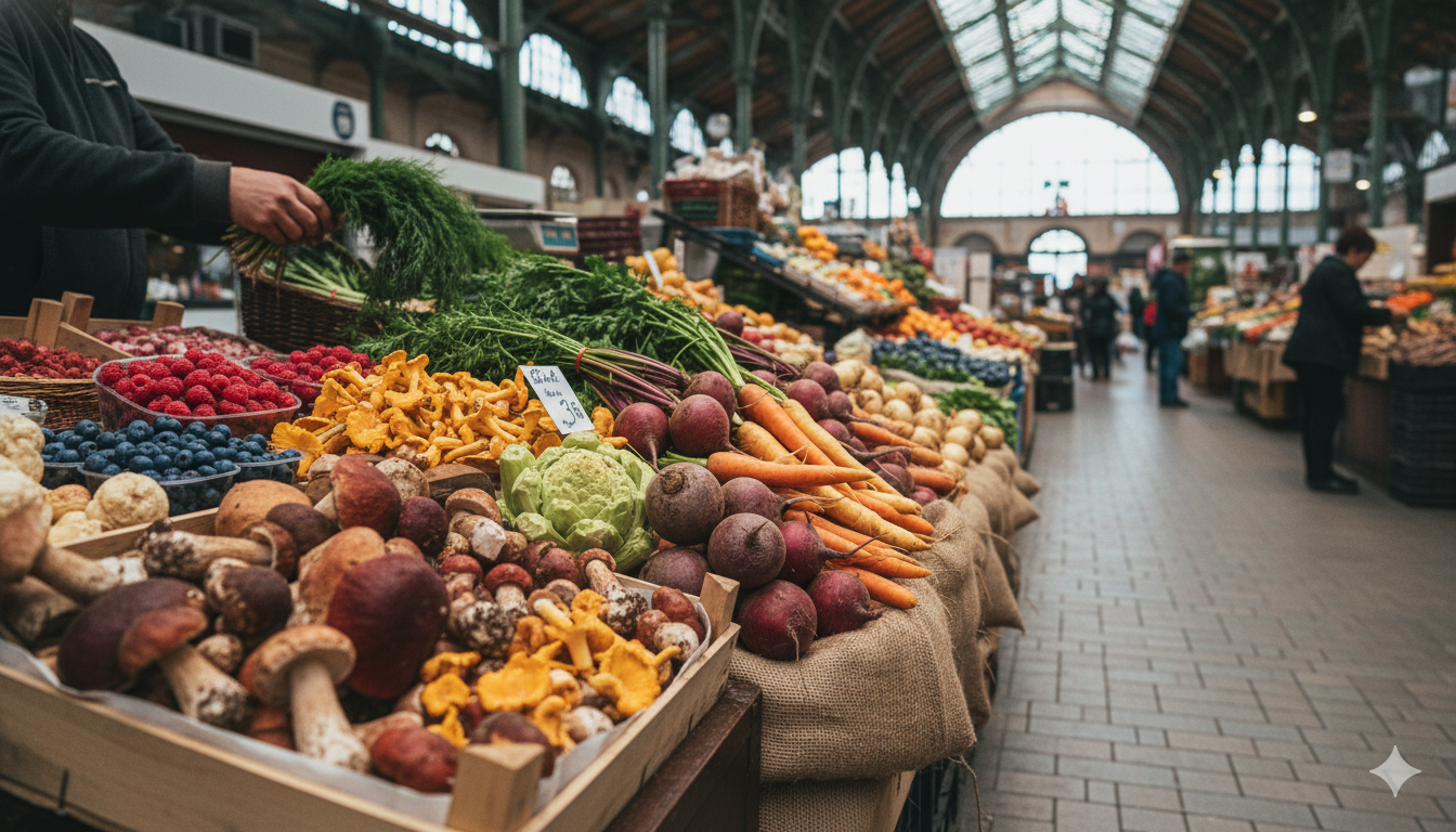 A photograph taken at the Wrocław Market Hall, focusing on a colorful display of fresh, seasonal Polish produce.