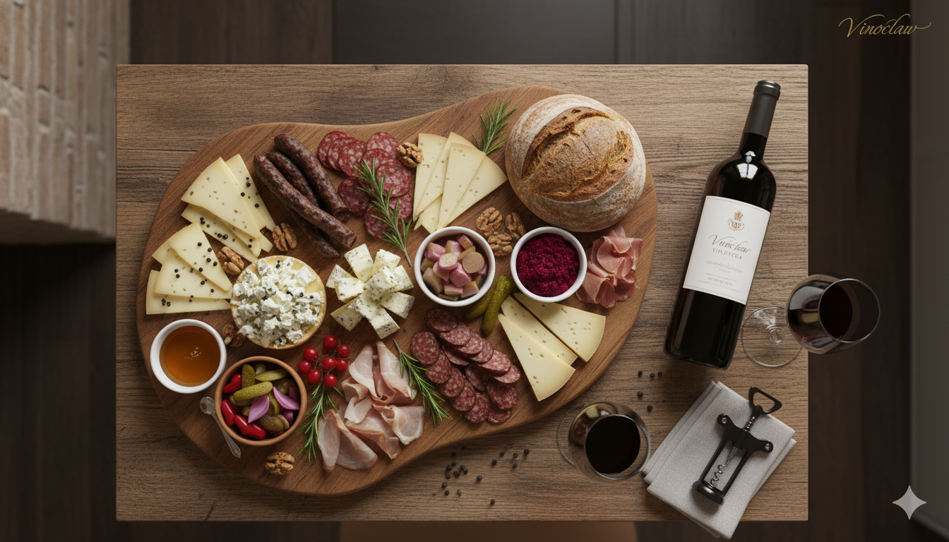 A stylized flat-lay of a charcuterie board and wine, symbolizing the growing Fine Dining Wroclaw scene.