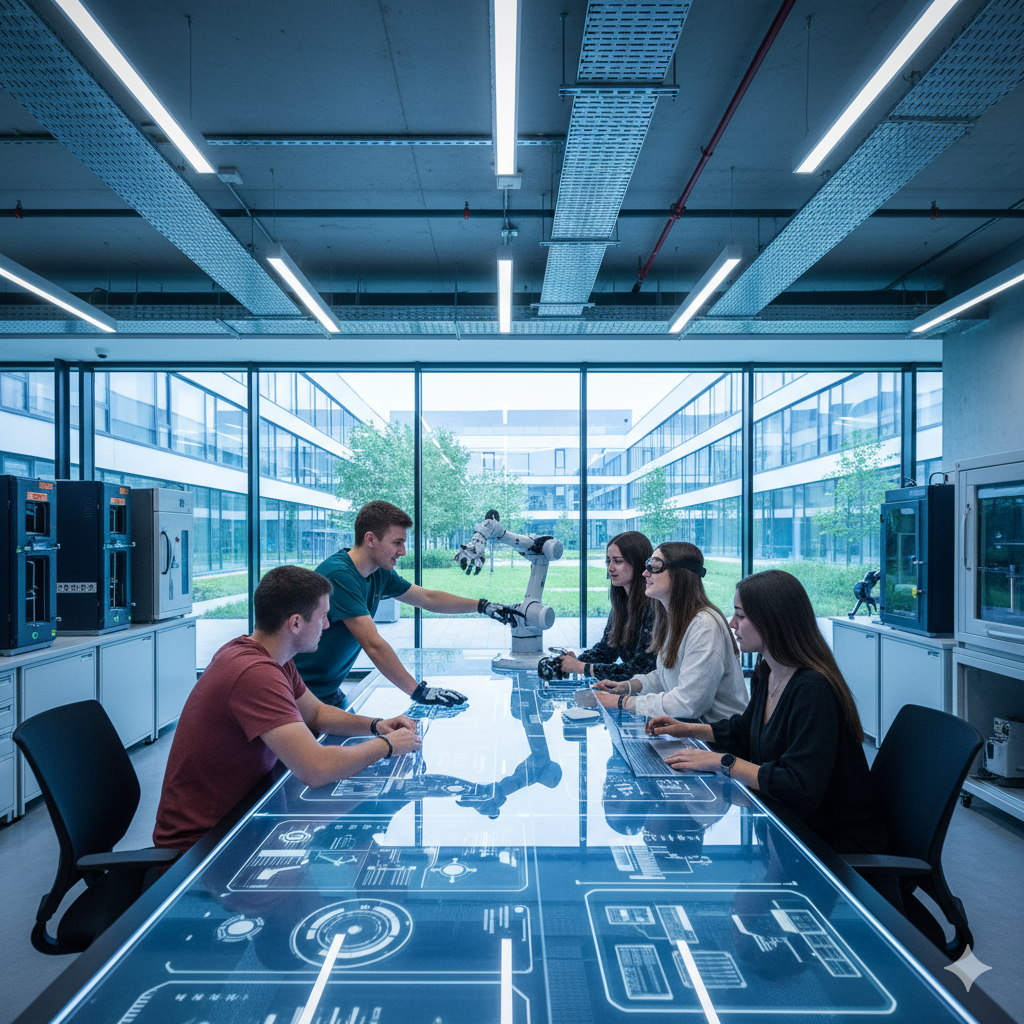 Diverse students working on a 3D modeling screen in a high-tech lab at WUST, a top choice among the Top 5 Wroclaw Universities.