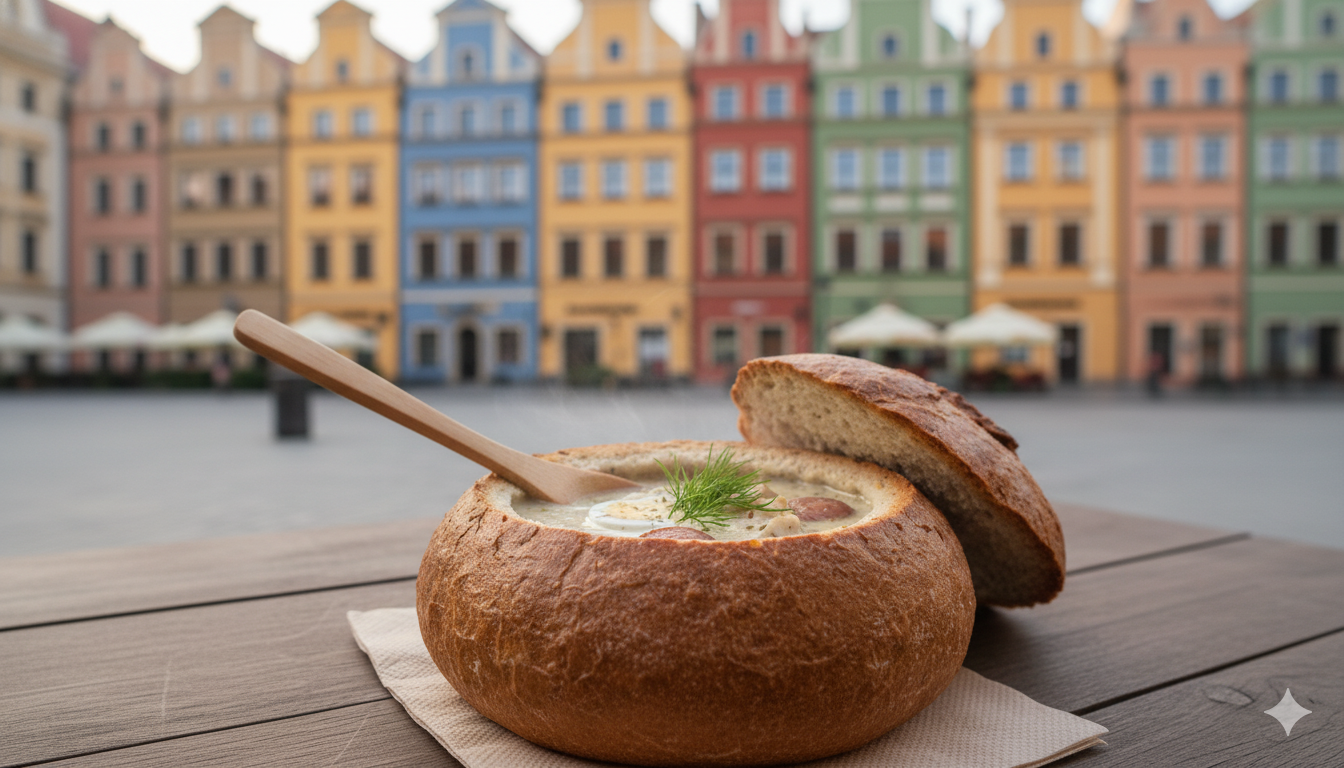 A bread bowl of traditional Polish żurek with the iconic colorful Wroclaw Rynek buildings subtly blurred in the background.